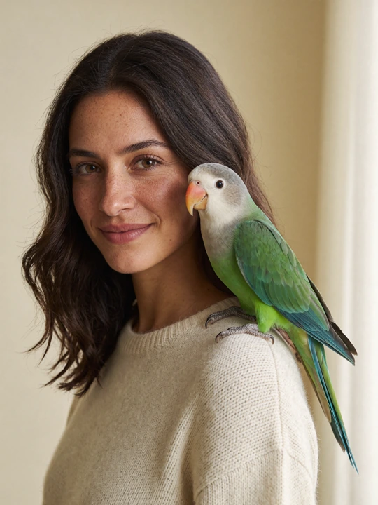 Maddie with her Monk Parakeet, Cpt. Squawk